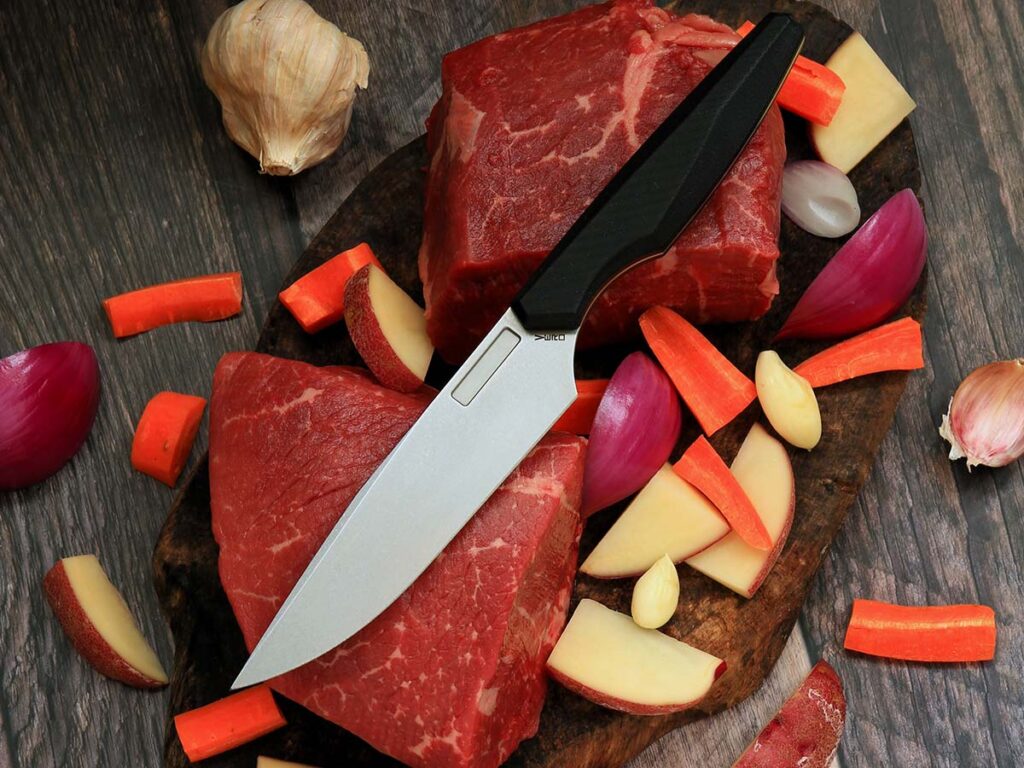 The author prepped a hearty meal of beef pot roast and veggies using the Vero Utility 5. The knife was equally effective cutting meat, root vegetables and herbs, all with finesse.
