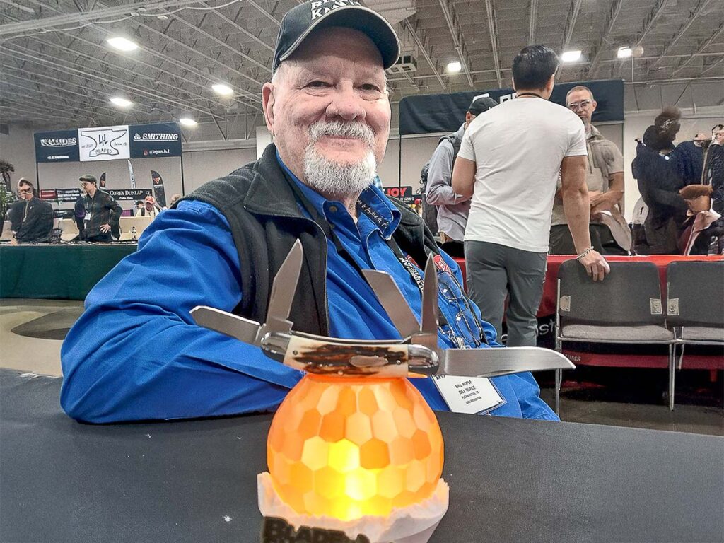 BLADE Magazine Cutlery Hall-of-Fame® member Bill Ruple won Best Slipjoint for his five-blade stockman (see page 60). Bill’s winning knife sits atop one of the trophies made especially for the show by Princeton Wong.
