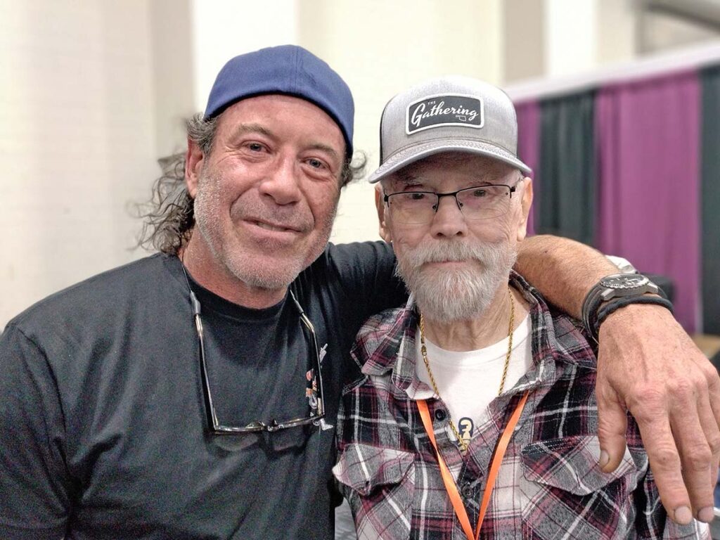 Old friends Mick Strider of Strider Knives (left) and BLADE Magazine Cutlery Hall-of-Fame member Paul Bos (right) got caught up at the show.