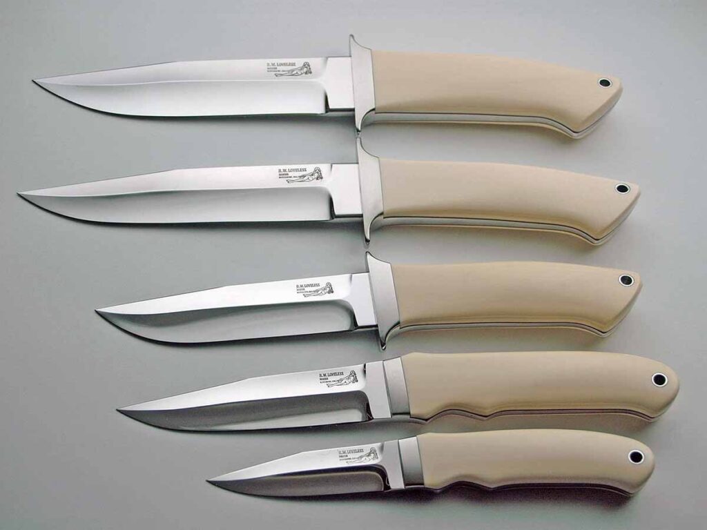 Five Loveless fixed blades