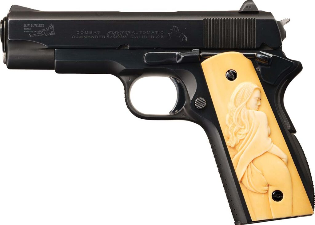 Bob Loveless Colt "Old Smoothie" Combat Commander semi-automatic pistol with relief carved ivory grips.