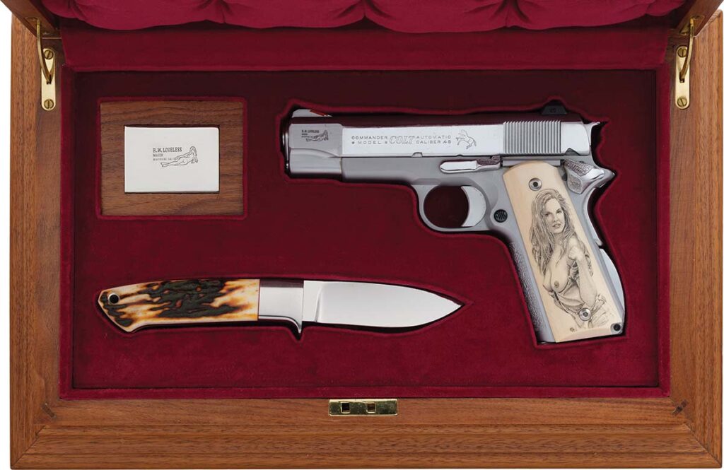 Bob Loveless Colt "Old Smoothie" Lightweight Commander semi-automatic pistol with scrimshawed ivory grips, drop-point Loveless Knife and sheath.