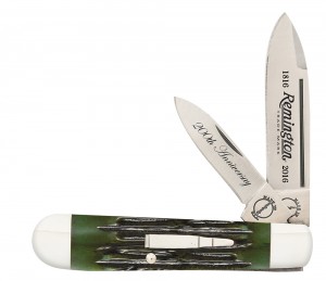 Green bone is a traditional favorite and the Remington Bullet 200th anniversary R11035 jackknife employs it along with blades of 440A stainless. Weight: 3.2 ounces. Closed length: 3.5 inches. Made in a limited edition of 5,000, it has an MSRP of $115.99. (Bear & Son image)