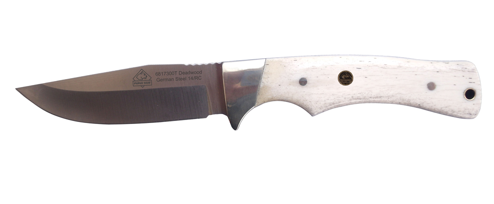 Puma USA opted for smooth white bone on the appropriately named Deadwood Canyon White Bone hunter. The 3.8-inch blade is 440A German stainless. Weight: 4.6 ounces. Overall length: 8 inches. It comes with a leather sheath.