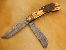 Harvey Dean stated, “I could call Tony anytime for help and he always helped me out.” Harvey’s take on the saddlehorn trapper includes damascus, stag, gold engraving and a bomb shield. (image courtesy of Harvey Dean)