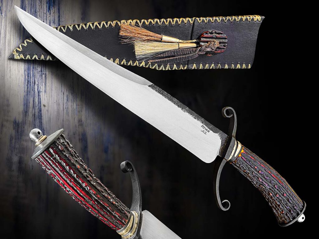 In ABS master smith Lin Rhea’s view, Jim Bowie would still be carrying a bowie knife, forged and differentially heat treated, with a few touches of class. A modern-styled knife with a hint of the Sandbar Fight like Lin’s Preacher (facing page) would fill Bowie’s bill. Kay Rhea made the sheath. (Jocelyn Frasier knife image)