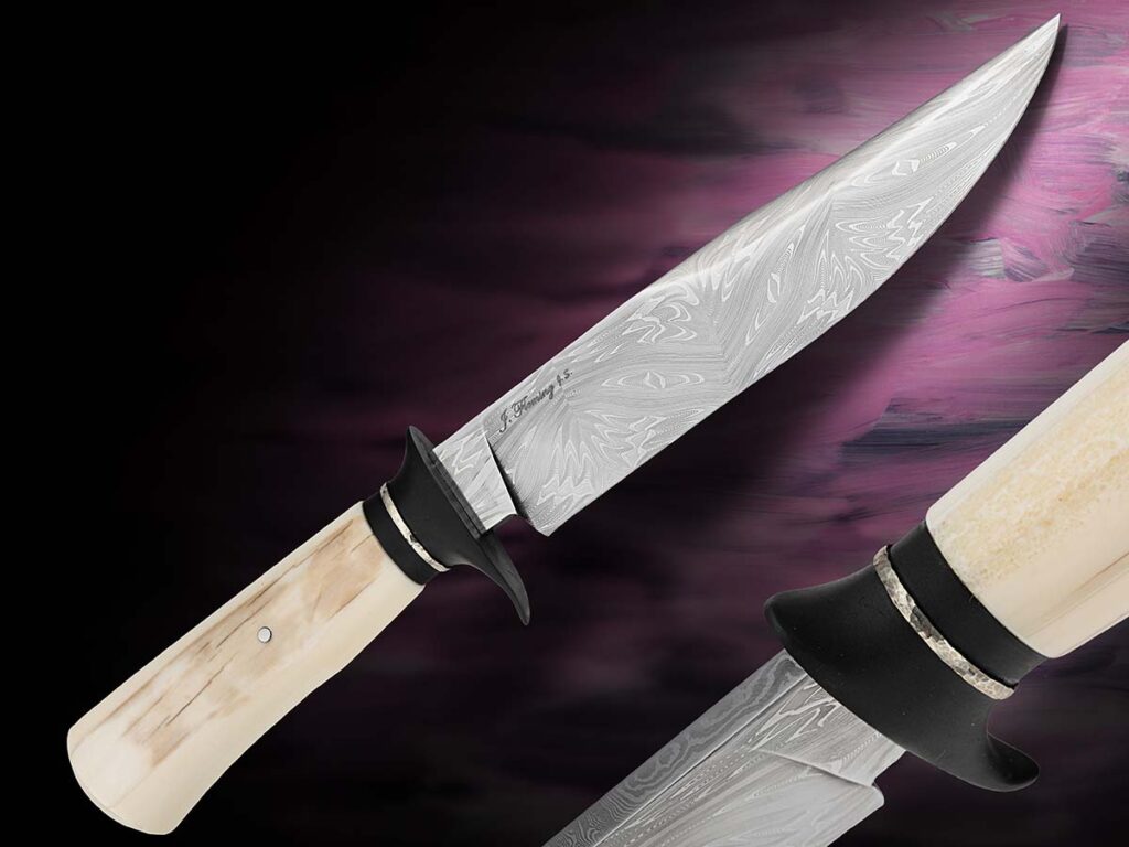 James Fleming’s gentleman’s bowie is diminutive in comparison to others but no less representative of the style. The damascus blade is complemented by an ancient walrus ivory handle with a nickel silver spacer and Parkerized steel bolster. Overall length: 11.5 inches. (Jocelyn Frasier image)