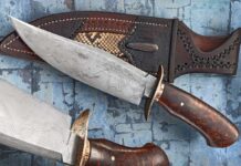 Blade and overall lengths: 7.5 and 12.75 inches. Handle: stabilized amboyna burl. He also made the handsome inlaid leather belt sheath.