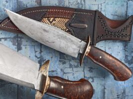 Blade and overall lengths: 7.5 and 12.75 inches. Handle: stabilized amboyna burl. He also made the handsome inlaid leather belt sheath.