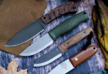 The Winkler Woodsman (left), Böker Bronco Mini, Knives by Nuge Cub-Muk, and Bear Forest Simple 2 sitting pretty before the author put them through the bushcraft wringer.