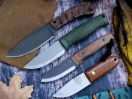 The Winkler Woodsman (left), Böker Bronco Mini, Knives by Nuge Cub-Muk, and Bear Forest Simple 2 sitting pretty before the author put them through the bushcraft wringer.