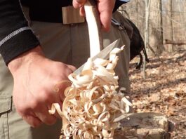 Start near the top and carve down with the knife tip angled slightly upward to make a feather stick. This creates curls and reduces slicing resistance.