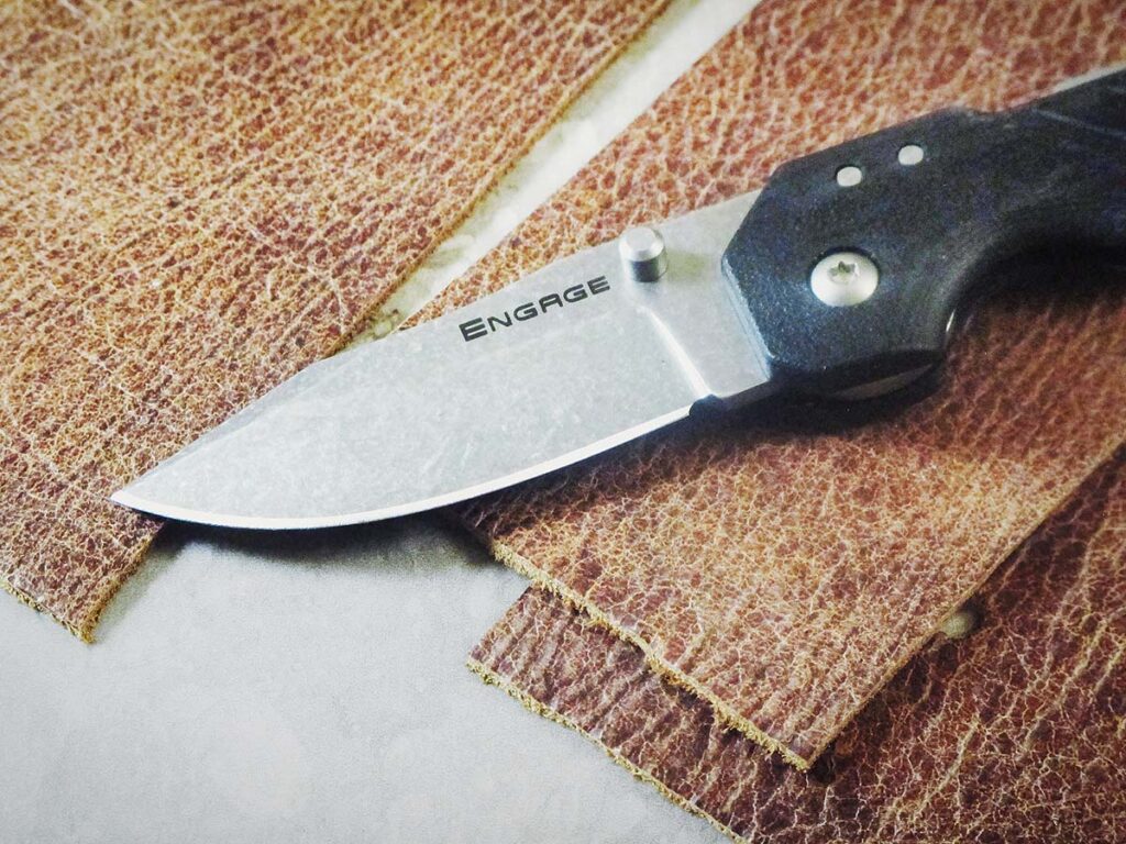 Even though its steel didn’t sport an upscale moniker, the Cold Steel Engage 2.5 did a yeoman’s job of cutting sharp, crisp lengths of this tough leather.