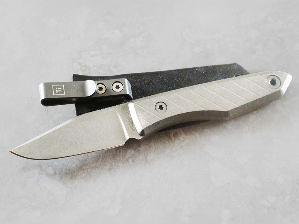 The only fixed-blade in the group, the 6.2-inch Big Idea Design TI Lookout sports a full tang underneath its scales.