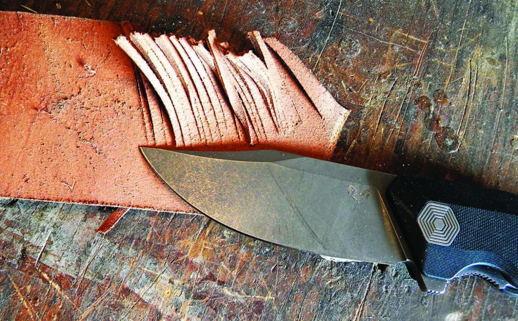 When the author started cutting the full thickness of the leather, the crunching sound became quite audible. The handle shape aided in controlling skiving and slicing depth.