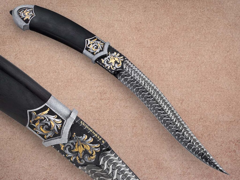 Ronmell Fernandes captured Best Damascus at BLADE Show 2024 for his Persian Knife in Turkish damascus. He gave it a 10 on the difficulty scale because of it being “the union of two damascus patterns in a single Turkish damascus bar,” adding it “was the best pattern I made because the composition was perfect between the black and silver of the steel alloys.” (Jocelyn Frasier knife image; image of Fernandes from The Art Knife Invitational)