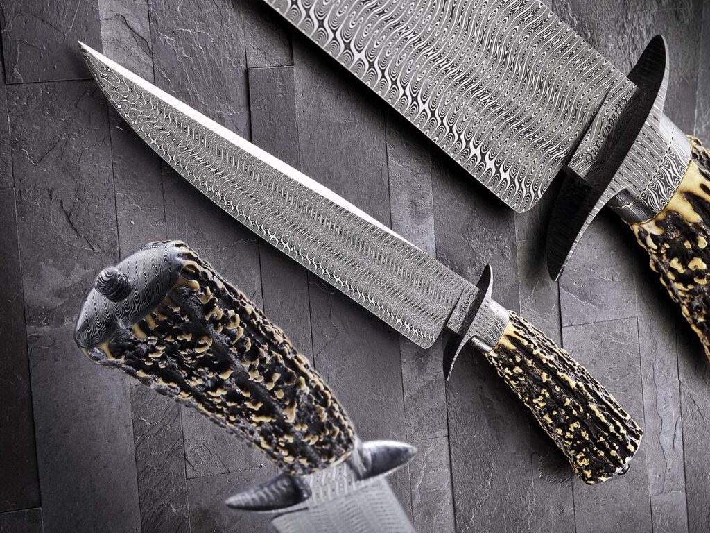 Mike Quesenberry took a different approach in forging the Turkish twist pattern for his BLADE Show 2022 Best Damascus winner. “Rather than fish-mouthing the billet, I forged it directly to shape,” he noted. “This method preserves and reveals the pattern differently throughout the blade. The fish-mouth technique has a more precise look to it, whereas the technique I use has a more organic appearance.” (Eric Eggly knife image)