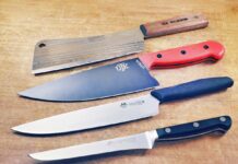 Make cooking easier and raise your level of culinary expertise with any of these four large, inexpensive kitchen knives. From top: Old Hickory 76 Cleaver, Utica Meat Dad Chef’s Knife, Fox Meat Slicer and A.G. Russell 6-inch Boning Knife.