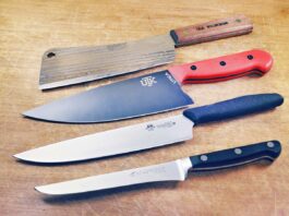 Make cooking easier and raise your level of culinary expertise with any of these four large, inexpensive kitchen knives. From top: Old Hickory 76 Cleaver, Utica Meat Dad Chef’s Knife, Fox Meat Slicer and A.G. Russell 6-inch Boning Knife.