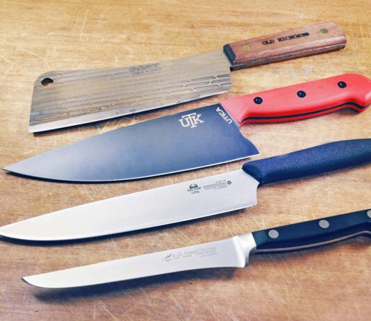 Make cooking easier and raise your level of culinary expertise with any of these four large, inexpensive kitchen knives. From top: Old Hickory 76 Cleaver, Utica Meat Dad Chef’s Knife, Fox Meat Slicer and A.G. Russell 6-inch Boning Knife.