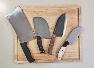 Cold Steel Cleaver Commercial, Series, Tops XXX Dicer, Condor Tool & Knife Serbian Kuvar Cleaver and Bear & Son Professional Chopping Knife.