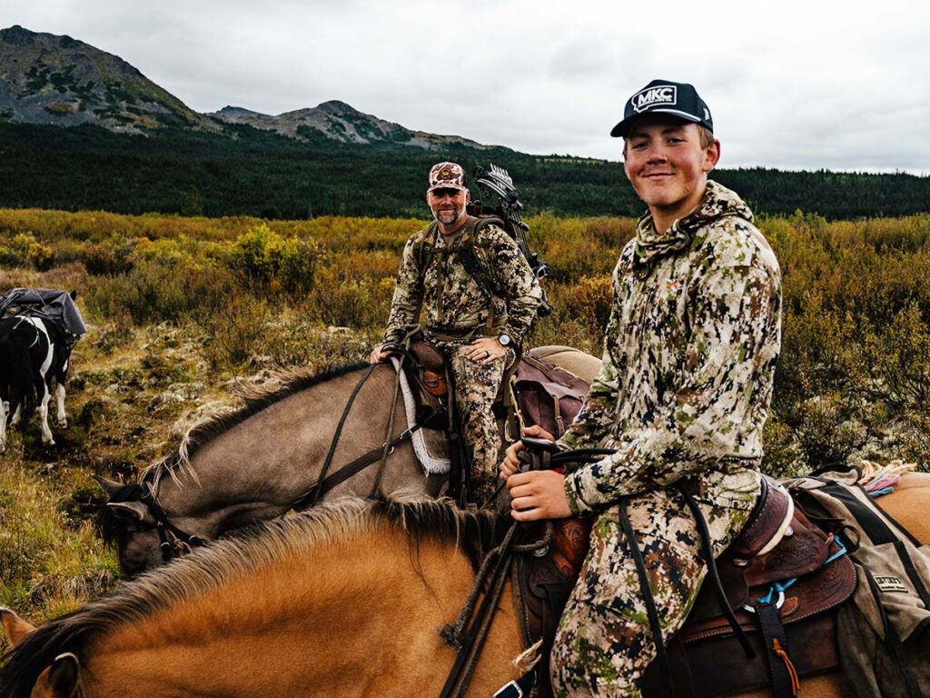 Josh Smith (left) said the best place he’s had MKC coffee is in northern British Columbia on a horseback moose hunt with his son Hank (right). “For 10 days, it was rainy and cold,” he recalled. “But each time we sat down to rest we made coffee with our jet boil.”