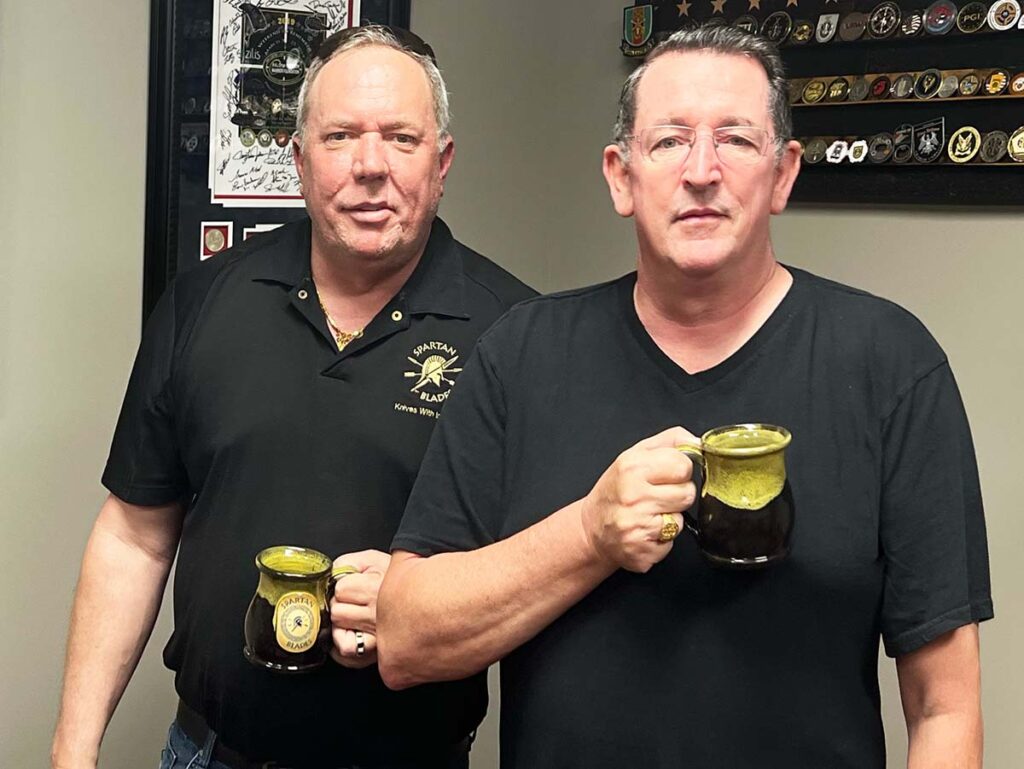 Spartan Blades co-founders Mark Carey (left) and Curtis Iovito (right) have traveled the globe for years, teaching counterterrorism and assisting with operations related to the use of knives in the field. When time permits, they search for the finest coffee from exotic locations for their Spartan Beans blends.