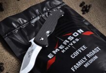Family Roast is the medium offering in the Emerson Coffee selection of blends. The knife is the Emerson Knives Com-Seven.