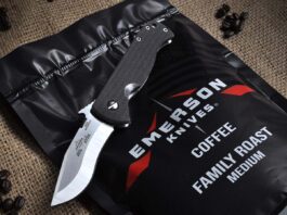 Family Roast is the medium offering in the Emerson Coffee selection of blends. The knife is the Emerson Knives Com-Seven.