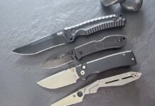 Collaboraton nation, from top: SOG/Kiku Matsuda Hidaka FX 3V, KA-BAR/Dozier Folding Hunter in CPM S35VN stainless steel, Pro-Tech/Chaves Redencion 229 Auto and Spyderco/Paul Alexander Nand.