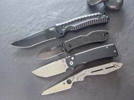 Collaboraton nation, from top: SOG/Kiku Matsuda Hidaka FX 3V, KA-BAR/Dozier Folding Hunter in CPM S35VN stainless steel, Pro-Tech/Chaves Redencion 229 Auto and Spyderco/Paul Alexander Nand.