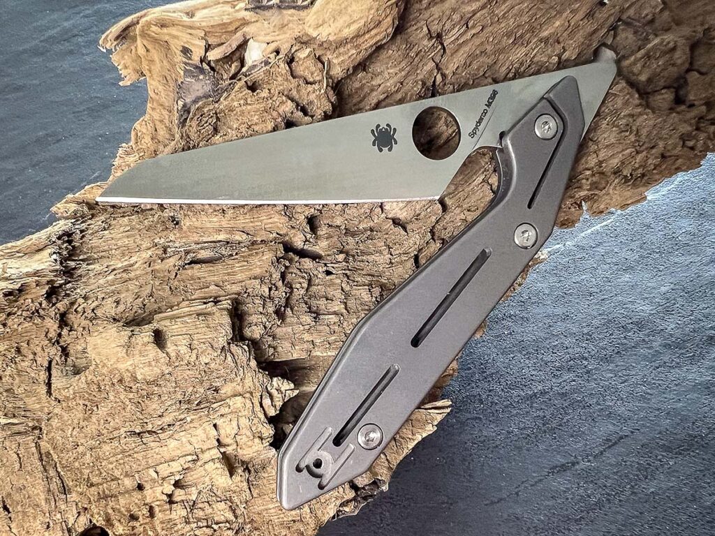 Designed by Paul Alexander, the Spyderco Nand and its angular handle theme carries over into the ergonomics, with finger recesses and a choil as well. Despite its angular appearance, the handle is quite comfortable. Closed length: 4.66 inches.
