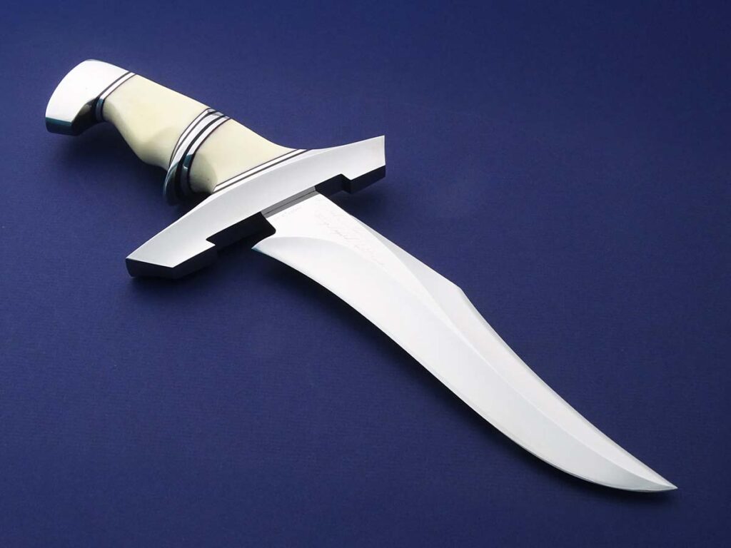 Rod Chappel’s huge stainless-steel guards and pommels, along with his deep double-hollow grinds, became popular with many makers.