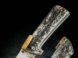 Matt Aaron goes for a textured look rather than the high-polish, high-layer precision stuff. The textured mild steel handle is the result. The 34-year-old got the welded-pebble surface effect with a series of texturing dies. At press time he said he was working on dies that will produce a lizard scale look. Matt has worked in metal off and on since he was 13, and on knives professionally for just over three years. (Jocelyn Frasier image)