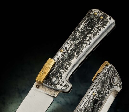 Matt Aaron goes for a textured look rather than the high-polish, high-layer precision stuff. The textured mild steel handle is the result. The 34-year-old got the welded-pebble surface effect with a series of texturing dies. At press time he said he was working on dies that will produce a lizard scale look. Matt has worked in metal off and on since he was 13, and on knives professionally for just over three years. (Jocelyn Frasier image)