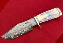 Adam Williams drew inspiration from the Randall Model 19 for his Silverado hunting knife, though, he put his own twist on the design, utilizing copper go mai for the blade, fossilize walrus tusk for the handle and nickel sliver for guard and butt cap.