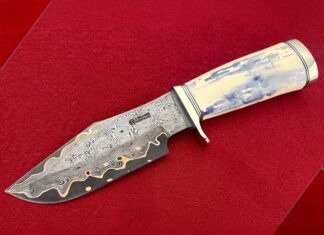 Adam Williams drew inspiration from the Randall Model 19 for his Silverado hunting knife, though, he put his own twist on the design, utilizing copper go mai for the blade, fossilize walrus tusk for the handle and nickel sliver for guard and butt cap.