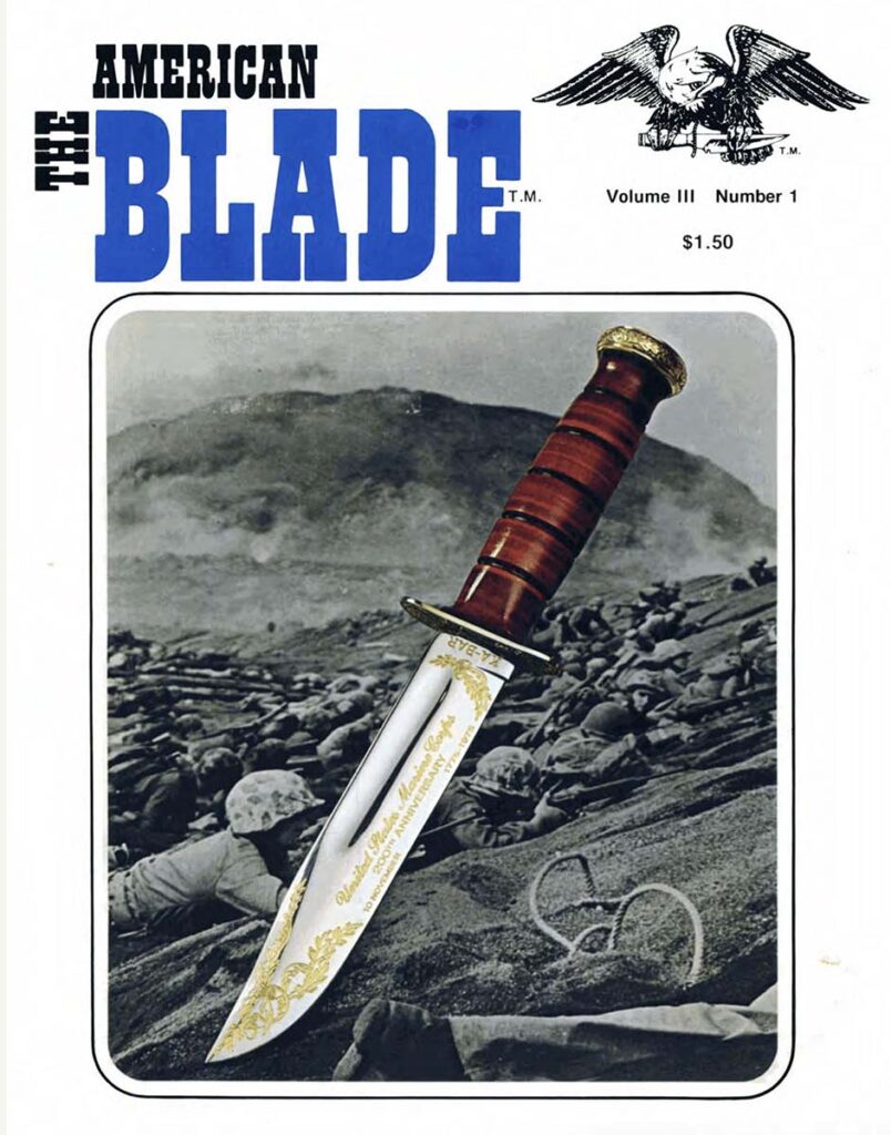 The cover of the November-December 1975 issue of The American Blade featured the 200th anniversary “Commemorative U.S.M.C. Fighting Knife” by KA-BAR Knives. The Corps celebrates its 250th anniversary this year.