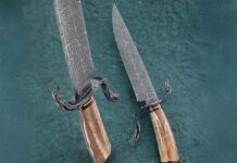 The author met Steve Randall and his wife, Alison, at the 2015 BLADE Show. Today, Steve’s table is always the author’s first BLADE Show stop. Steve’s Tumbleweed Damascus Fighter sports an 8.5-inch blade of spellbinding mosaic damascus and an ancient walrus ivory handle. Guard: damascus. Ferrule and buttcap: nitre blued to a rich brown color. Overall length: 13 inches. Steve’s price for a similar knife: $3,200. (SharpByCoop image)