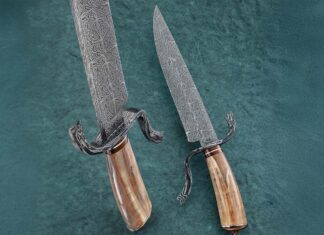 The author met Steve Randall and his wife, Alison, at the 2015 BLADE Show. Today, Steve’s table is always the author’s first BLADE Show stop. Steve’s Tumbleweed Damascus Fighter sports an 8.5-inch blade of spellbinding mosaic damascus and an ancient walrus ivory handle. Guard: damascus. Ferrule and buttcap: nitre blued to a rich brown color. Overall length: 13 inches. Steve’s price for a similar knife: $3,200. (SharpByCoop image)