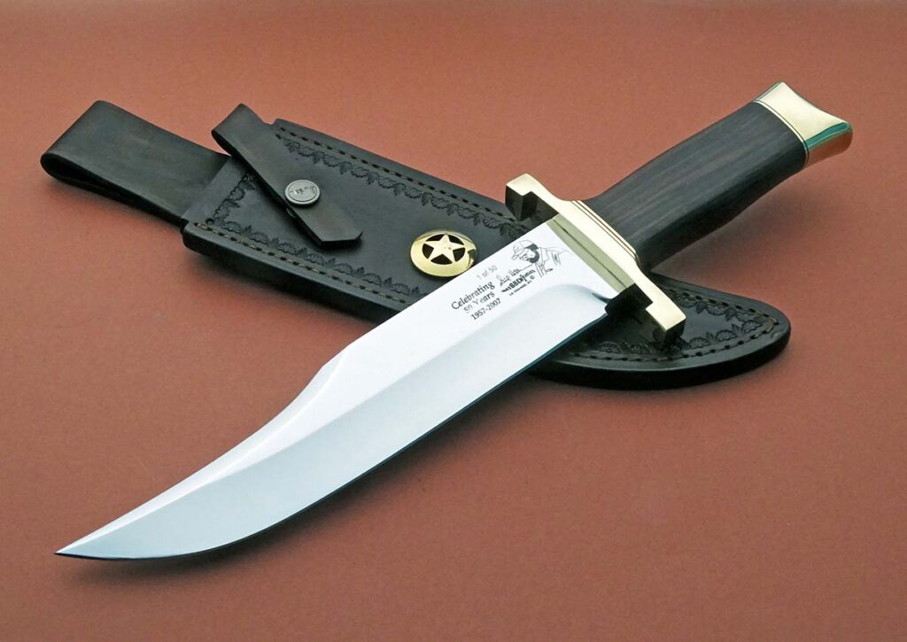 At the 1987 BLADE Show the author met Gil Hibben, who promptly invited the author and others to dinner. Hibben’s 50th Anniversary Bowie features mirror-polished 440C stainless steel and macassar ebony. The guard and pommel are brass. Blade and overall lengths: 9.5 and 14.25 inches. Hibben’s price for a similar knife: $1,900. (Robertson’s Custom Cutlery image)