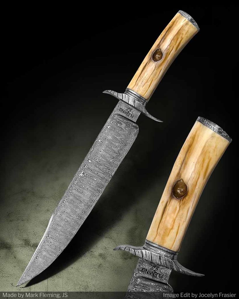 Bad to the bone, Mark Fleming’s forged Southwest Trail Bowie has a 9.5-inch blade made of 1084 carbon and 15N20 nickel-alloy steels in a ladder pattern. The handle is ancient walrus tusk, capped with a damascus pommel, ferrule and guard. Almost a steal, with Fleming marking the price at $1,900 for a similar knife.