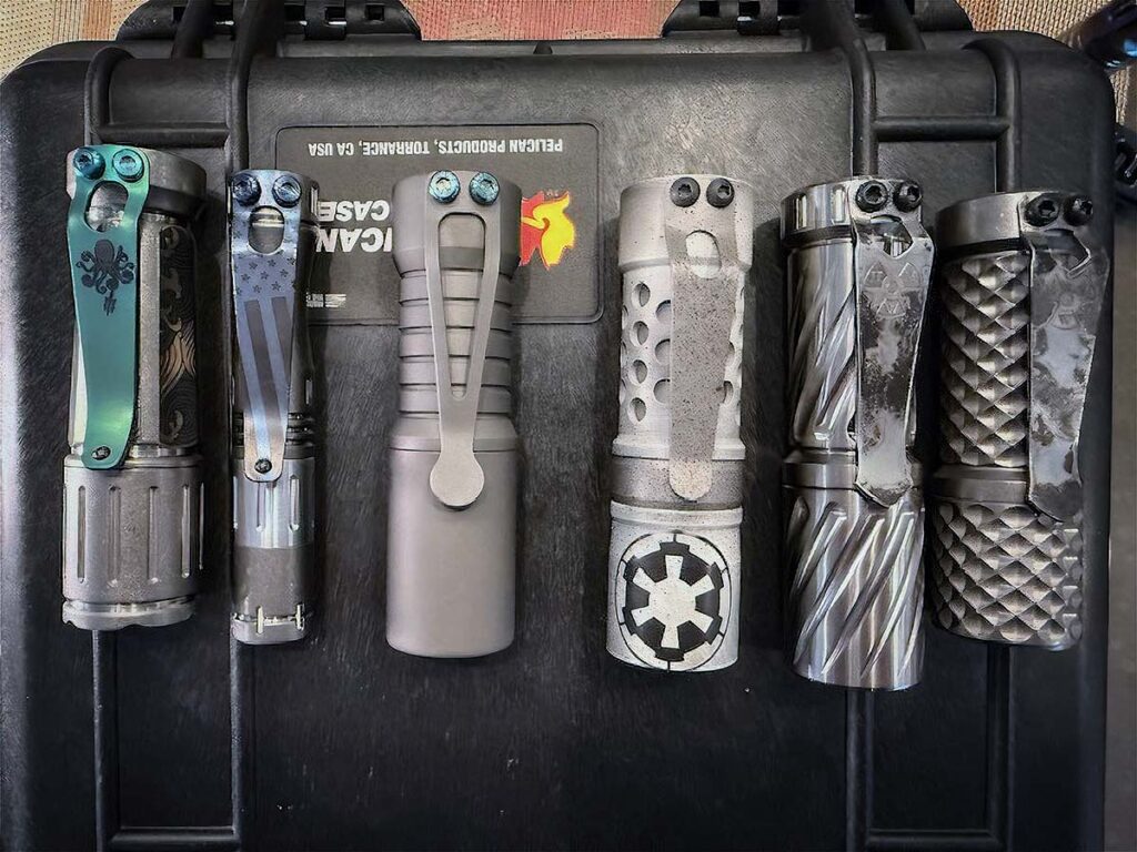  Like knives, flashlights can become as addictive to collect, as seen from this cache of torches, including (from left) a Dawson PDW Edition Todai, Dawson Hoku, CWF Arcadian, Barrel Brake (Stormtrooper Cerakote edition), Hanko Twist Cyclops and Hanko Mini Trident.