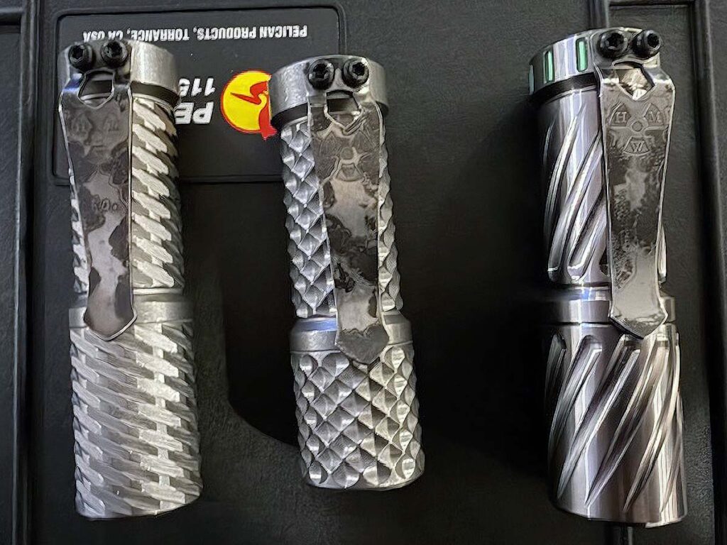 Hanko’s Titanium Proto Cyclops, Titanium Mini Trident and Titanium Twist Cyclops w/Tritium are lookers, but the author points out much of the craftsmanship is under the hood. Such as Jeff Hanko silver soldering the thermal components of his torches.