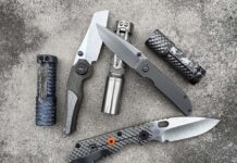 For the discerning collector, mid-tech and custom knives go hand-in-hand with custom and mid-tech flashlights. Making a striking collection (from the top left) are Hanko Trident Crystalized Ti flashlight, David Carver Mini Waif, Okluma DC2, Jared Price Mini Shrike, Hanko Mini Trident and Strider SnG (bottom). Photo: Chris Schluter