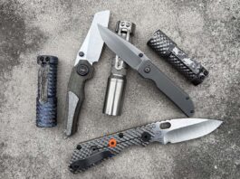 For the discerning collector, mid-tech and custom knives go hand-in-hand with custom and mid-tech flashlights. Making a striking collection (from the top left) are Hanko Trident Crystalized Ti flashlight, David Carver Mini Waif, Okluma DC2, Jared Price Mini Shrike, Hanko Mini Trident and Strider SnG (bottom). Photo: Chris Schluter