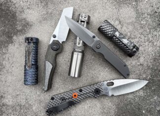 For the discerning collector, mid-tech and custom knives go hand-in-hand with custom and mid-tech flashlights. Making a striking collection (from the top left) are Hanko Trident Crystalized Ti flashlight, David Carver Mini Waif, Okluma DC2, Jared Price Mini Shrike, Hanko Mini Trident and Strider SnG (bottom). Photo: Chris Schluter