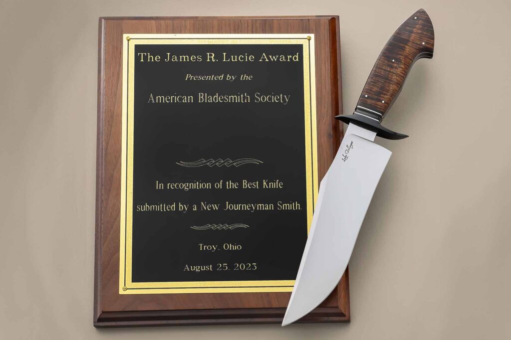 Luke Dellmyer won the James R. Lucie Award for the best knife submitted by a successful applicant for ABS journeyman smith during the ABS Mid-America Super Hammer-In Bladesmithing Convention in August 2023. (SharpByCoop image)