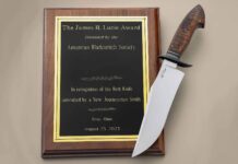 Luke Dellmyer won the James R. Lucie Award for the best knife submitted by a successful applicant for ABS journeyman smith during the ABS Mid-America Super Hammer-In Bladesmithing Convention in August 2023. (SharpByCoop image)