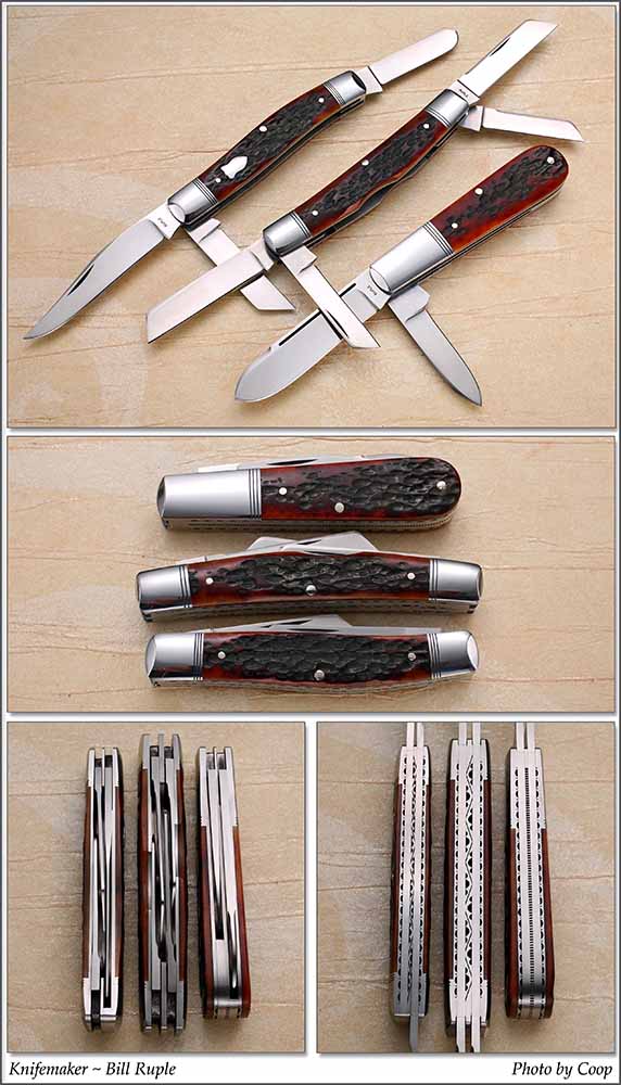 A selection of Bill Ruple’s slip joints in an array of open, closed and spine images show Bill’s awesome talent and versatility as a knifemaker. (SharpByCoop image)
